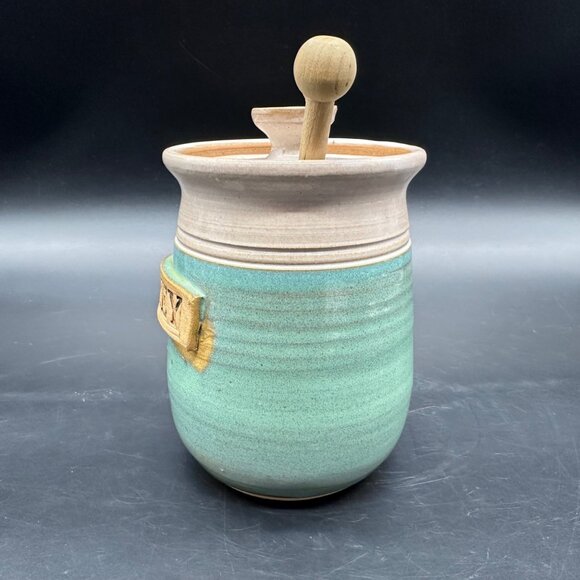 Art Pottery Honey Pot Canister Jar Green Signed Handmade Wooden Dipper Retro - Picture 3 of 10